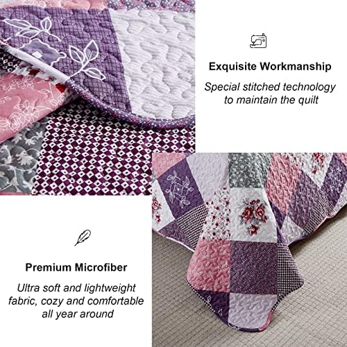Dinjoy Purple Floral Quilt Set Cal King Size
