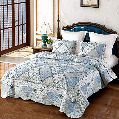 VIVILINEN Blue Floral Patchwork Quilt Set 3 Piece
