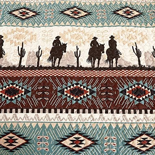 Jaba Western Teal Beige Burgundy Quilt Set - Queen