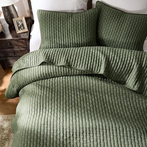 WDCOZY Olive Green Cross Stitch Queen Quilt Set 1