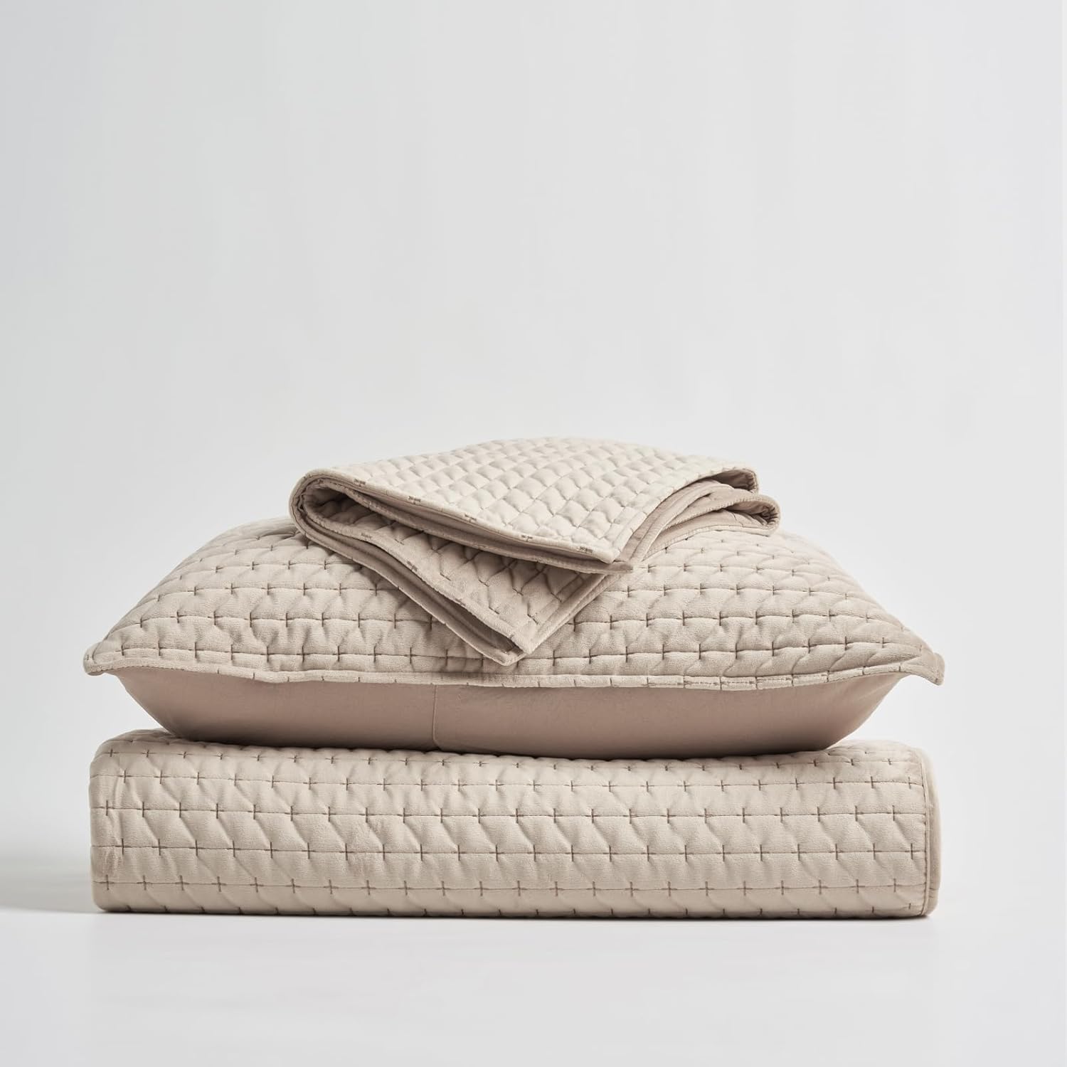 EVERGRACE Velvet Quilt Set King Size 3 Piece Light Taupe