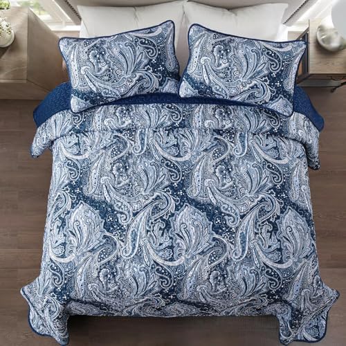 DJY Navy Paisley Quilt Set 3 Pieces King Size