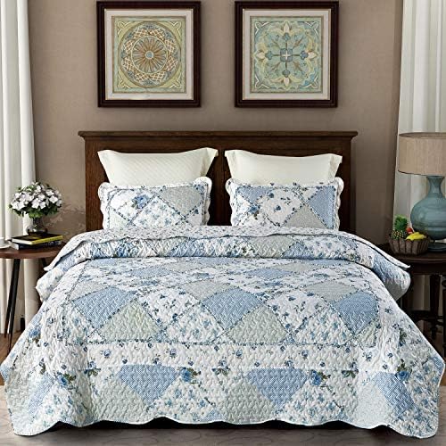 VIVILINEN Blue Floral Patchwork Quilt Set King Size Reversible