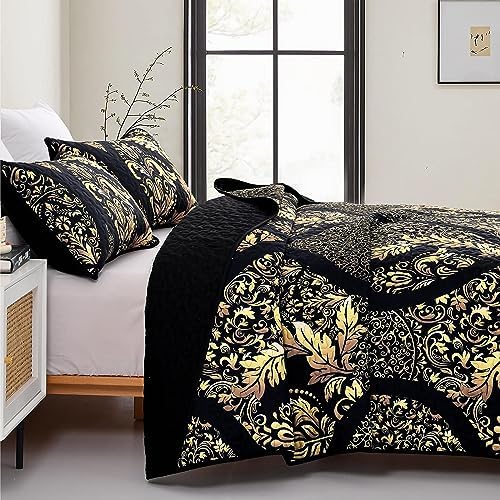 DJY Black Gold Damask Quilt Set 3 Pieces King Size