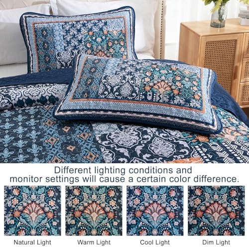 Navy Blue Bohemian Quilt Set Queen Size 96x90