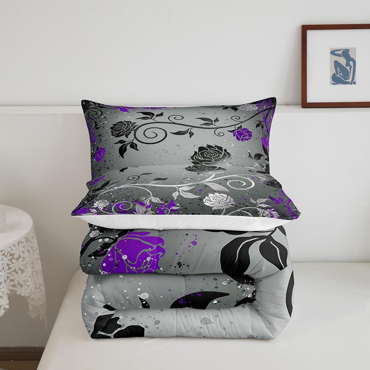 Feelyou Grey Black Purple Comforter Set for Kids
