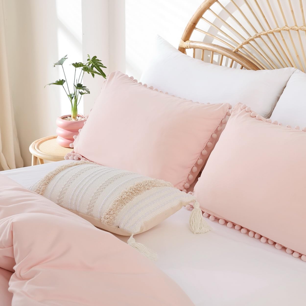 YIRDDEO Queen Comforter Set - 3 Piece with Pom Fringe Blush
