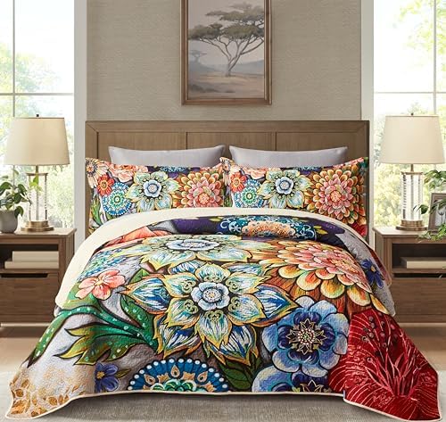 Asuexpect 3 Piece Boho Floral Quilt Set California King