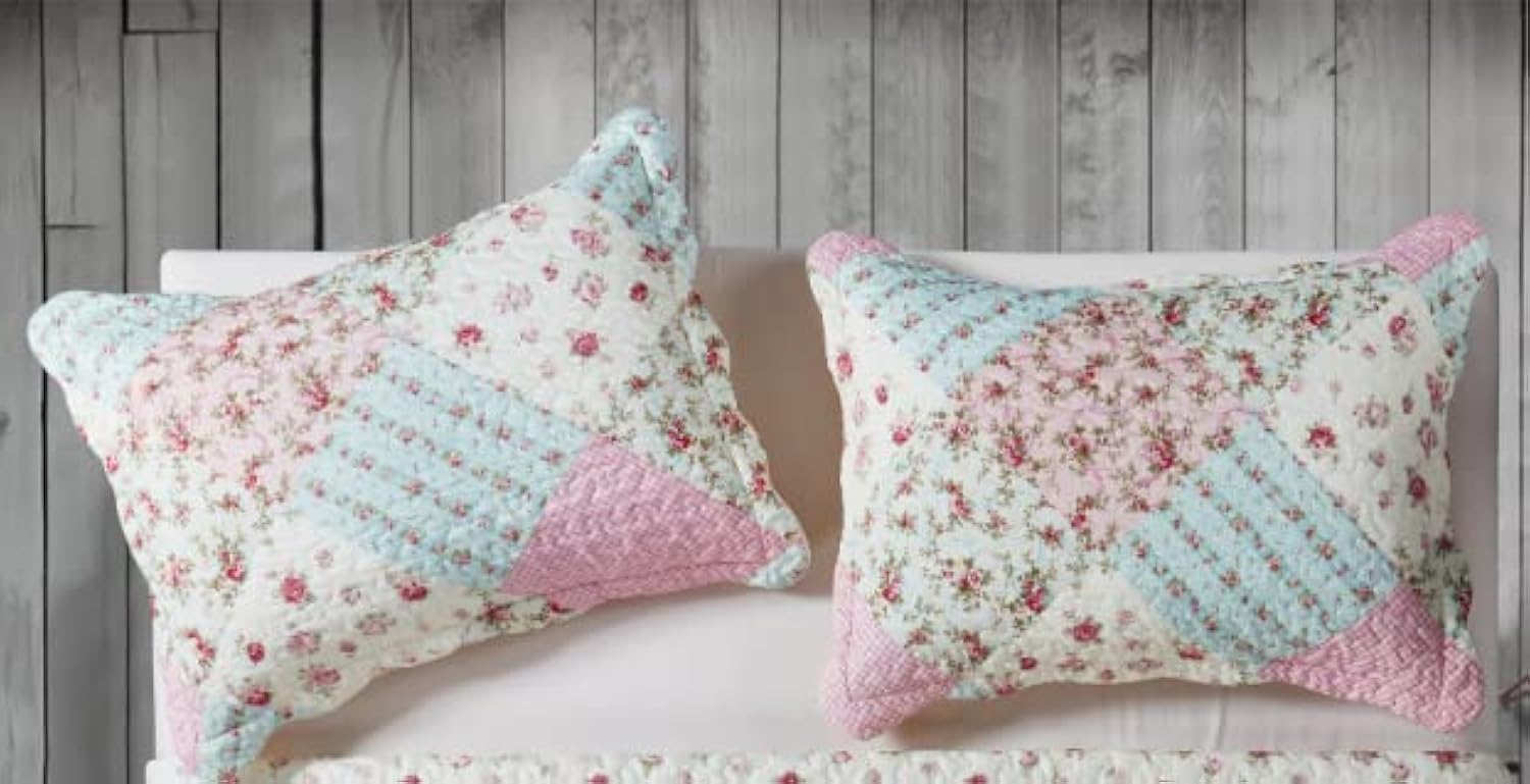 Brilliant Sunshine Pink Green Rose Patchwork Pillowshams Set