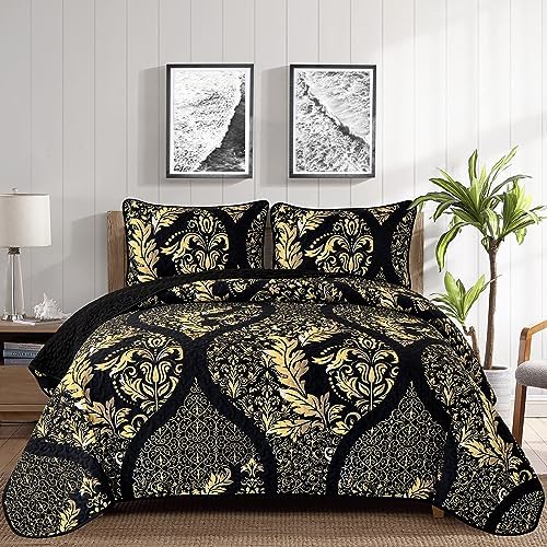 DJY Black Gold Damask Quilt Set 3 Pieces King Size