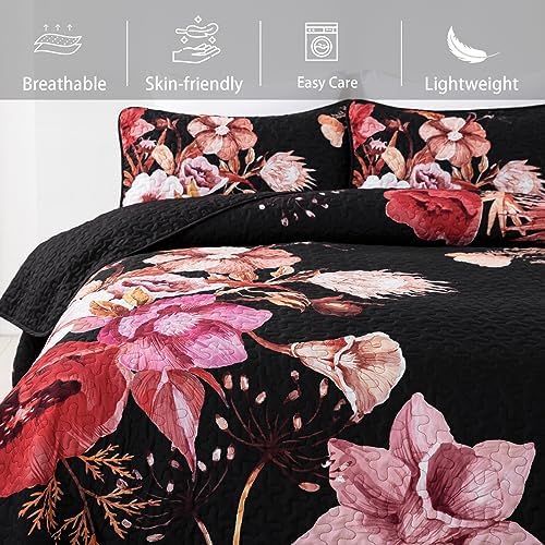 Drucon Red Floral Queen Quilt Set 3 Piece