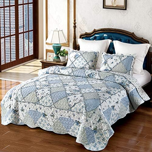 VIVILINEN Blue Floral Patchwork Quilt Set King Size Reversible