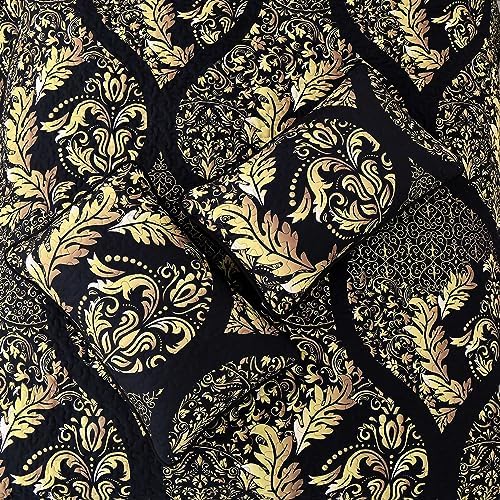 DJY Black Gold Damask Quilt Set 3 Pieces King Size