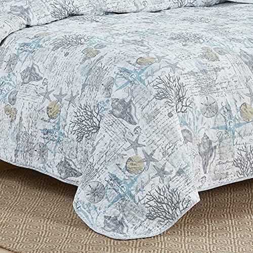 Tommy Bahama Queen Quilt Set Reversible Cotton Bedding with Shams Beach Bliss Grey