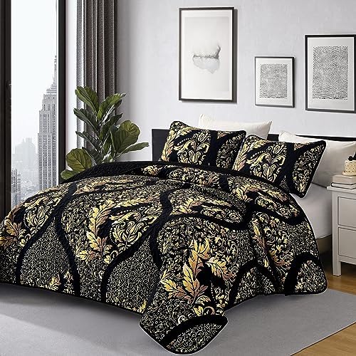 DJY Black Gold Damask Quilt Set 3 Pieces King Size