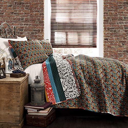Boho Stripe Reversible Cotton Quilt Set King Turquoise Tangerine