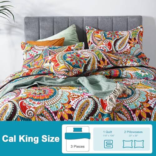 Qucover Boho Paisley Cal King Quilt Set with Pillow Shams