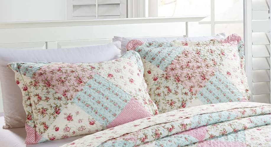 Brilliant Sunshine Pink Green Rose Patchwork Pillowshams Set