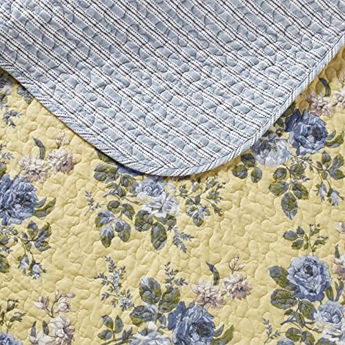 Laura Ashley King Quilt Set - Linley Yellow 3 Piece Reversible Cotton