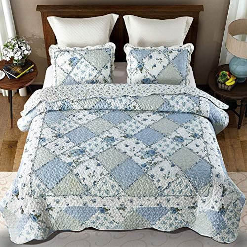 VIVILINEN Blue Floral Patchwork Quilt Set 3 Piece