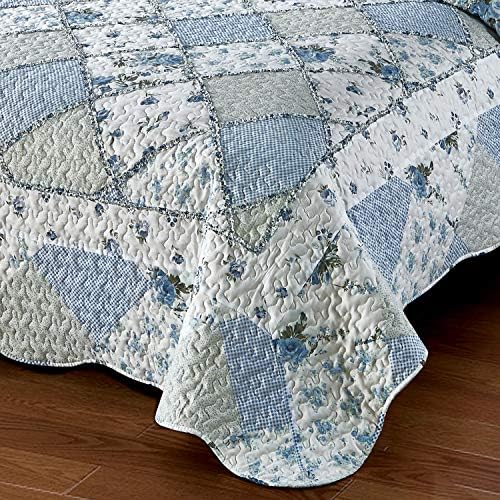 VIVILINEN Blue Floral Patchwork Quilt Set King Size Reversible