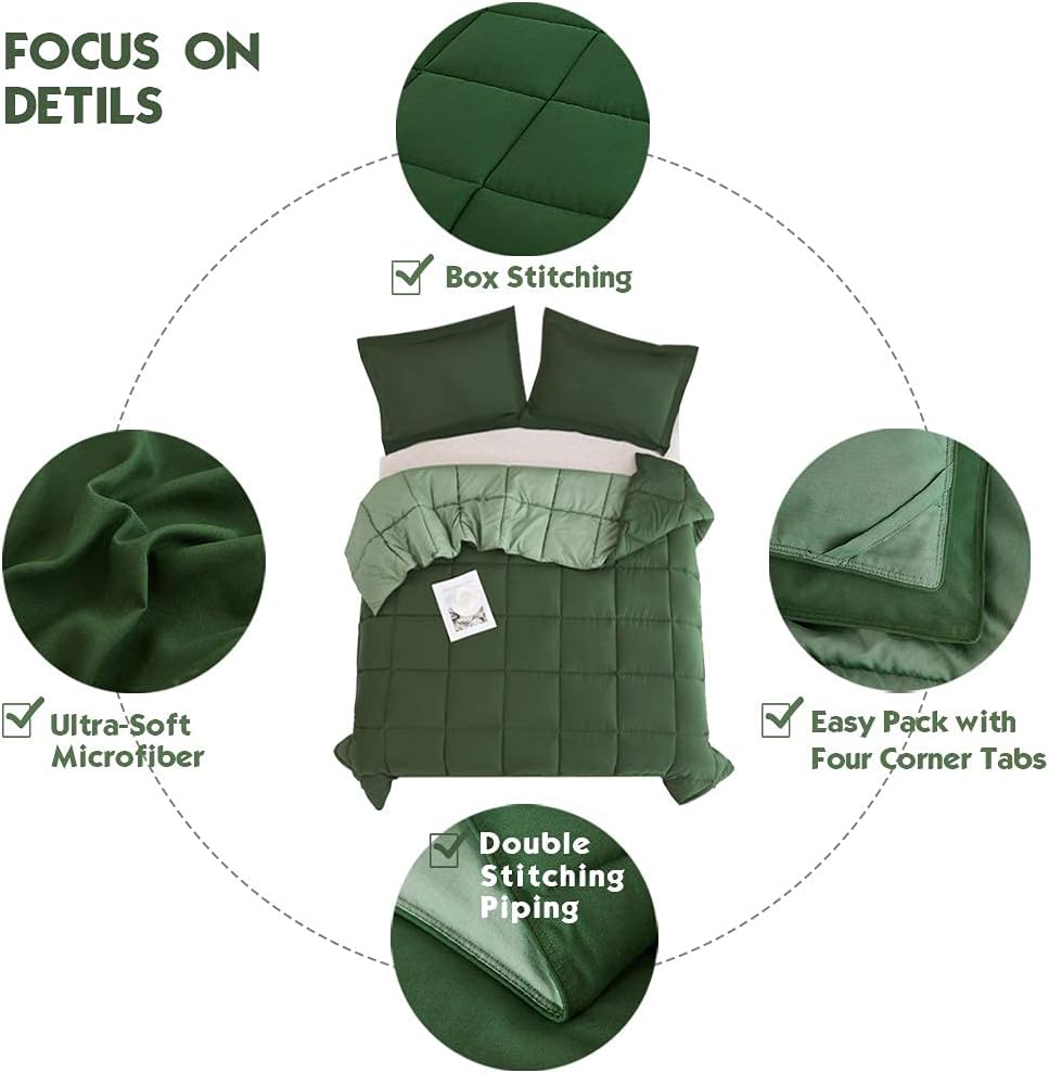 HIG 3pc Green Queen Comforter Set - Reversible Down Alternative Breathable Soft Fluffy