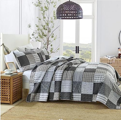 HIARUO 3PCS Queen Quilt Set with Plaid Patchwork and Pillow Covers