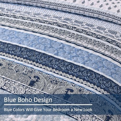 WONGS BEDDING Navy Blue Boho Queen Quilt Set 3pcs