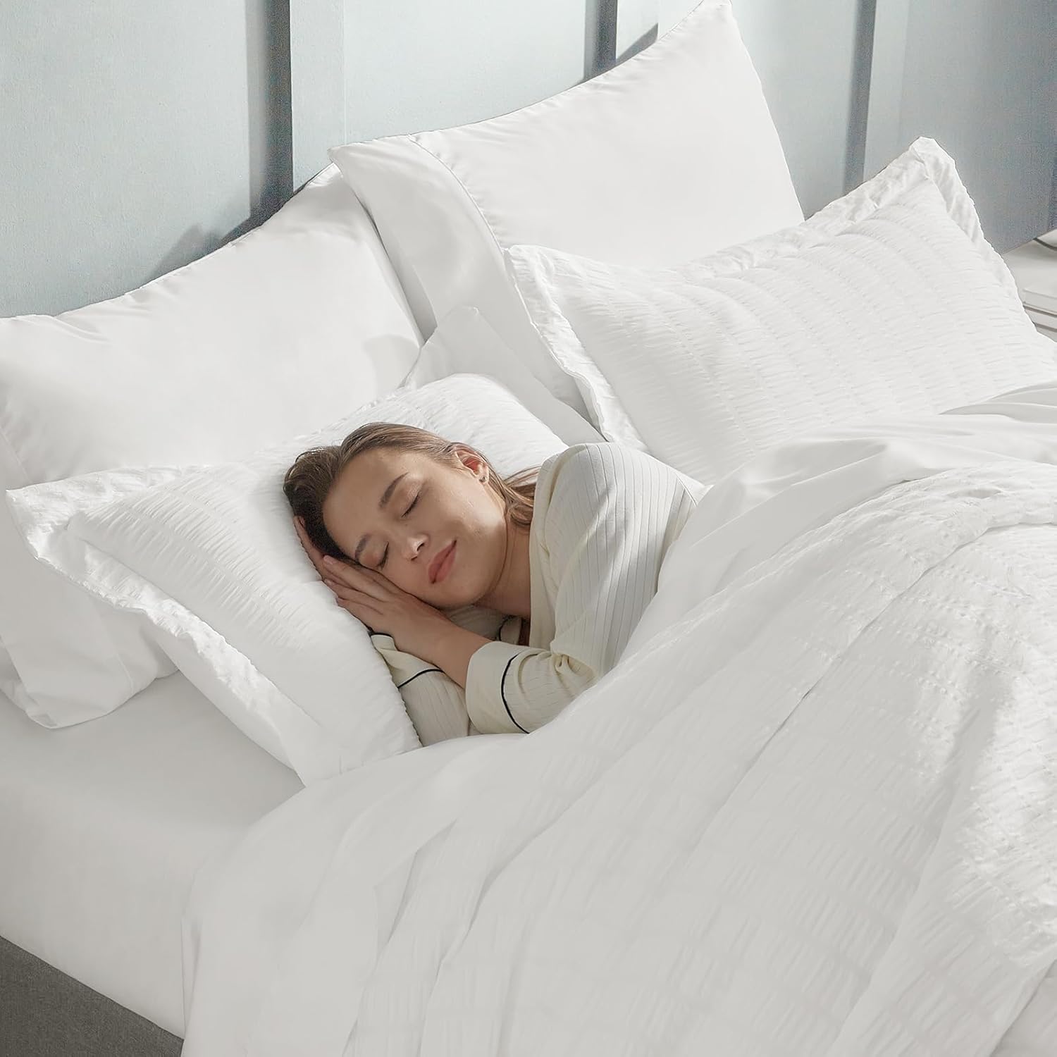 CozyLux White Seersucker King Comforter Set 7-Piece Bed in a Bag