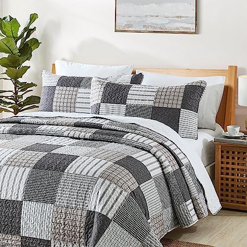 HIARUO 3PCS Queen Quilt Set with Plaid Patchwork and Pillow Covers