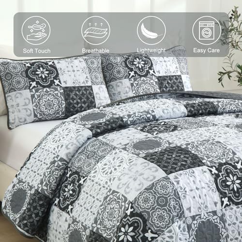 Dobuyly Grey Black Patchwork Quilt Set Queen Size