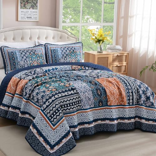 Navy Blue Bohemian Quilt Set Queen Size 96x90