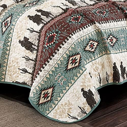 Jaba Western Teal Beige Burgundy Quilt Set - Queen