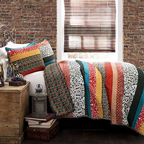 Boho Stripe Reversible Cotton Quilt Set King Turquoise Tangerine