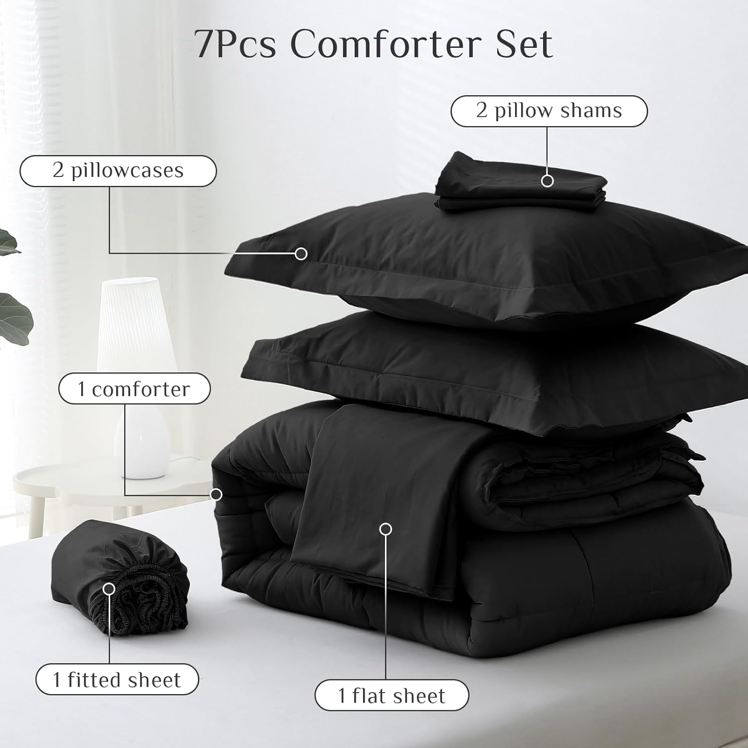 JOLLYVOGUE Queen Comforter Set 7-Piece Black Bed in a Bag