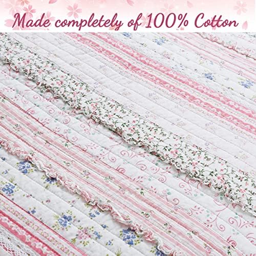 Cozy Line Pink Flower Lace Ruffle Stripe Quilt Bedding Set