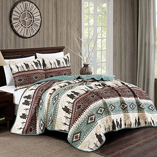 Jaba Western Teal Beige Burgundy Quilt Set - Queen