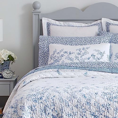 Laura Ashley Queen Quilt Set with Flora Blue Design