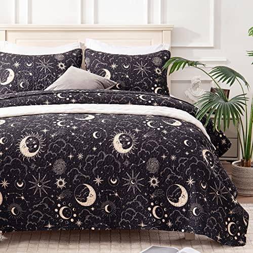 EXQ Home Quilt Set Full Queen Black Starry Pattern 3 Piece