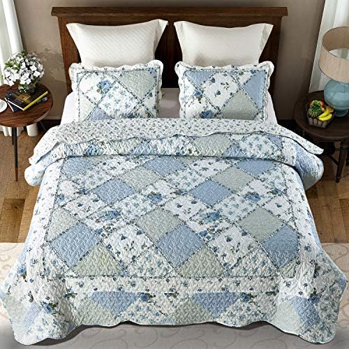 VIVILINEN Blue Floral Patchwork Quilt Set King Size Reversible