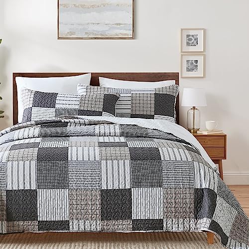 HIARUO 3PCS Queen Quilt Set with Plaid Patchwork and Pillow Covers