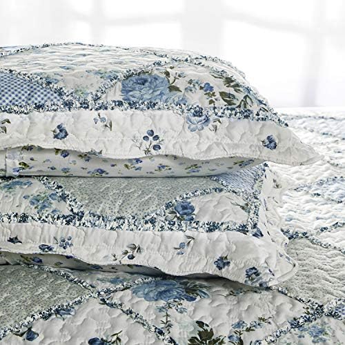 VIVILINEN Blue Floral Patchwork Quilt Set King Size Reversible