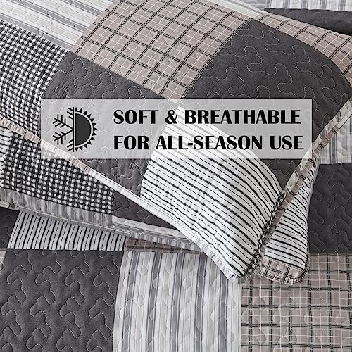 HIARUO 3PCS Queen Quilt Set with Plaid Patchwork and Pillow Covers