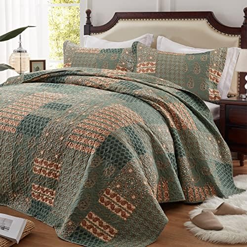 LEAONME 3-Piece California King Quilt Set Olive Green 1