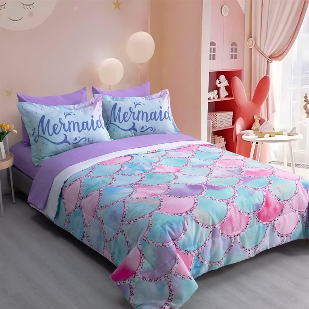 Wajade Kid Mermaid Scale Comforter Set 7-Piece Rainbow 3D
