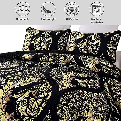 DJY Black Gold Damask Quilt Set 3 Pieces King Size