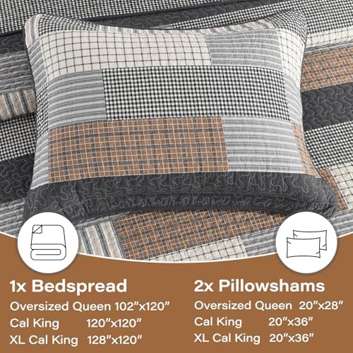 Soforpring 100 Cotton Cal King Bedspread Set - 120x120 Gray Farmhouse Plaid 3pcs