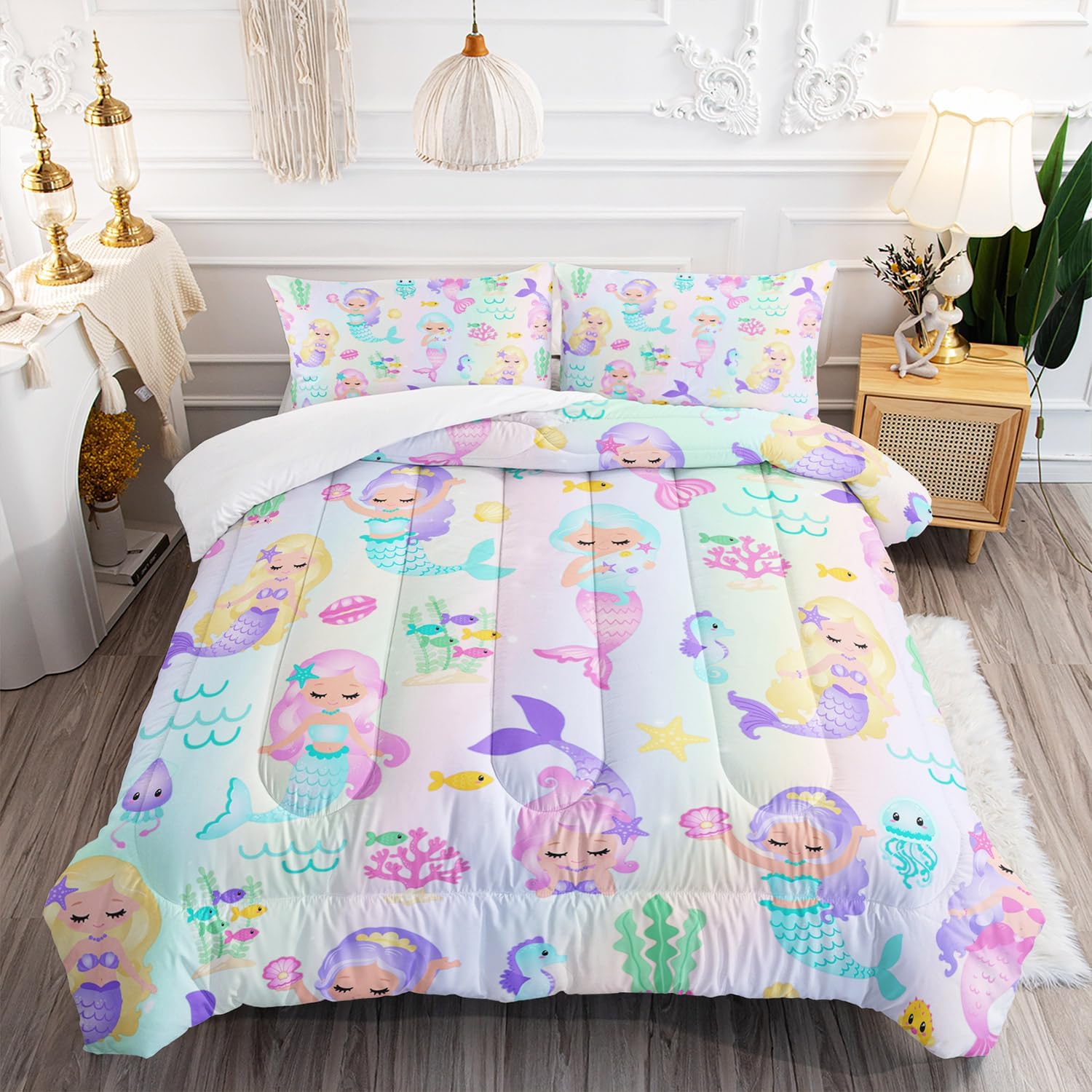 XYNHML Rainbow Mermaid Comforter Set Twin Full Queen