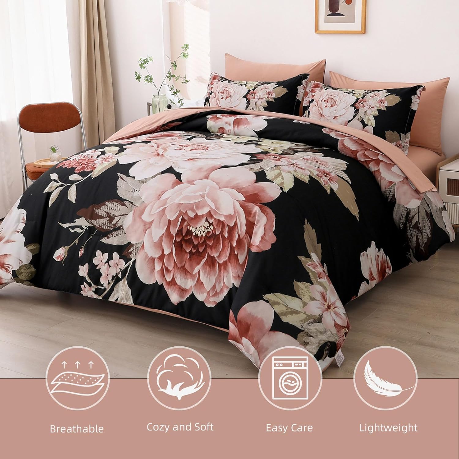 Dintszyayue 7-Piece King Comforter Set with Pink Floral Pattern