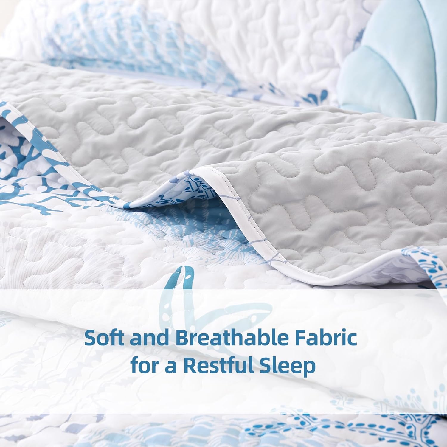 Weigelia Coastal Quilts Queen Bedding Set - Blue Nautical Comforter with Pillow Cases